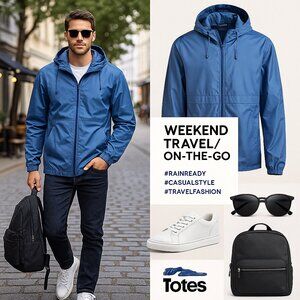 Totes Blue Hooded Rain Jacket | Unisex Lightweight Waterproof Windbreaker